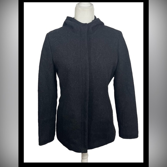 GAP Charcoal Gray Recycled Wool Blend Hooded Winter Full Zip Jacket Size Small - Picture 1 of 9